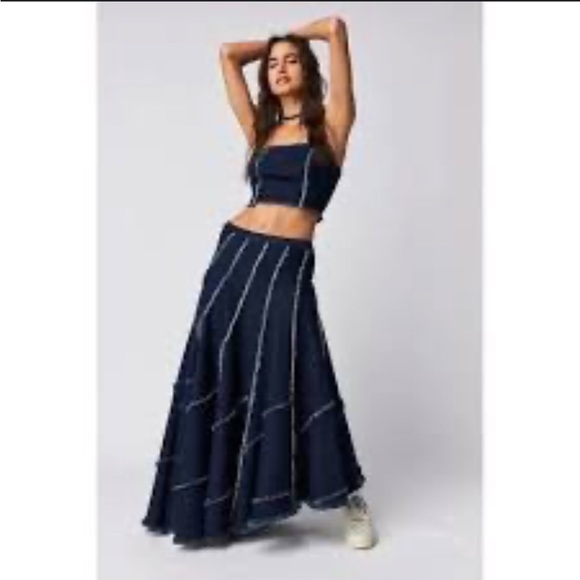 Free People One Safia Denim Maxi Skirt Crop Top Set